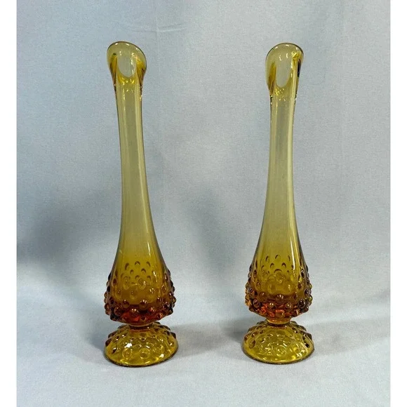 Vintage Pair Fenton Amber Glass Hobnail Swung Vases Footed Marked 10" MCM Retro - Picture 3 of 14